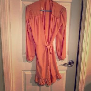 Peach pink long sleeve wrap dress